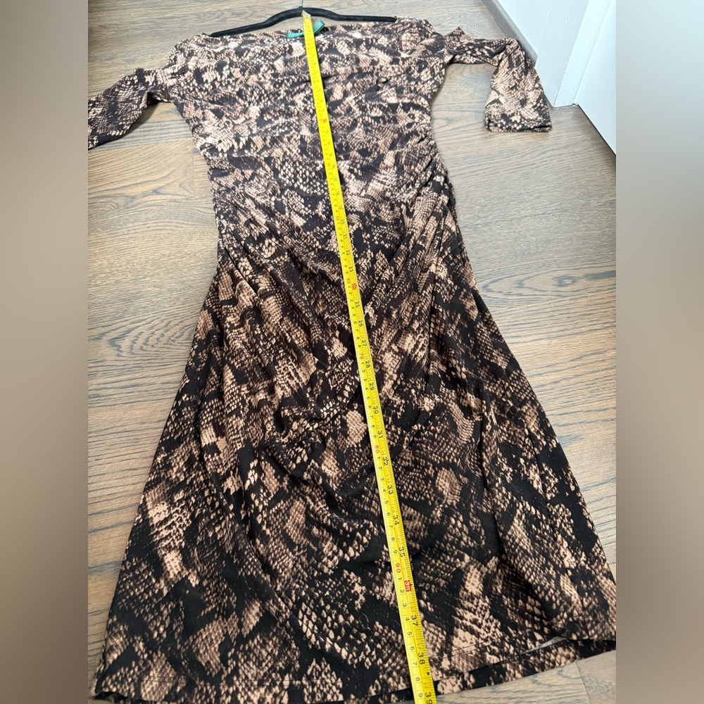 Ralph Lauren Brown and Black Snake Print Sheath Dress with side ruching. Size 8. - Picture 6 of 6